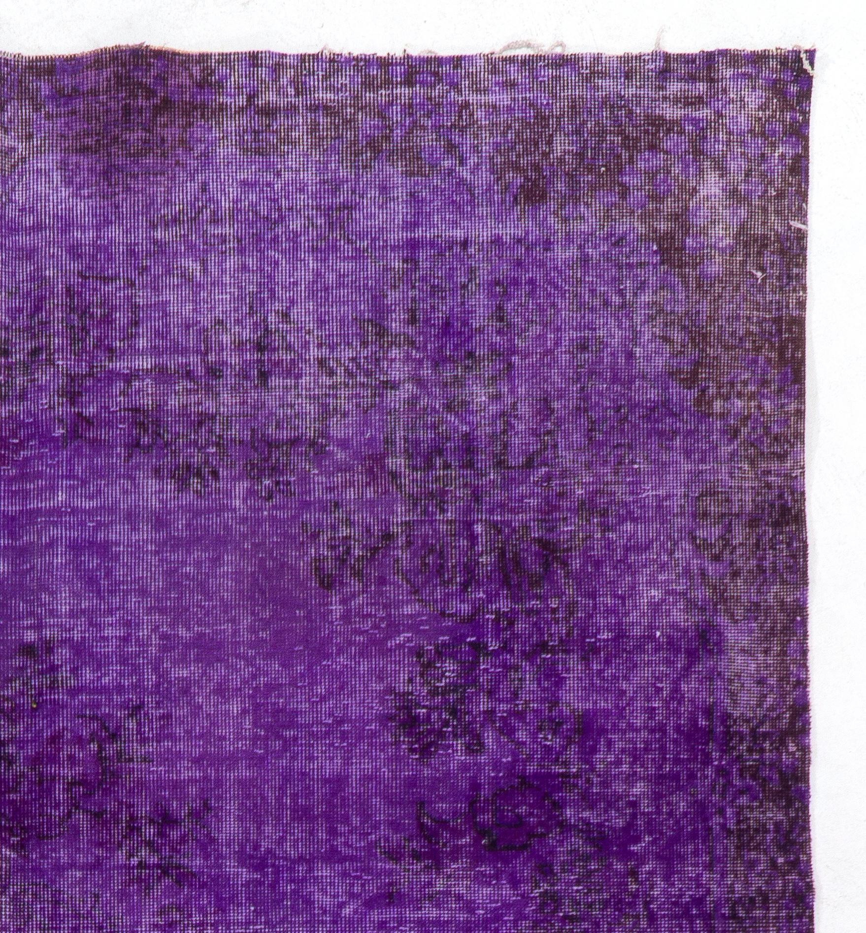 Modern 6.6x10.7 Ft Distressed Vintage Medallion Design Handmade Rug Over-Dyed in Purple For Sale