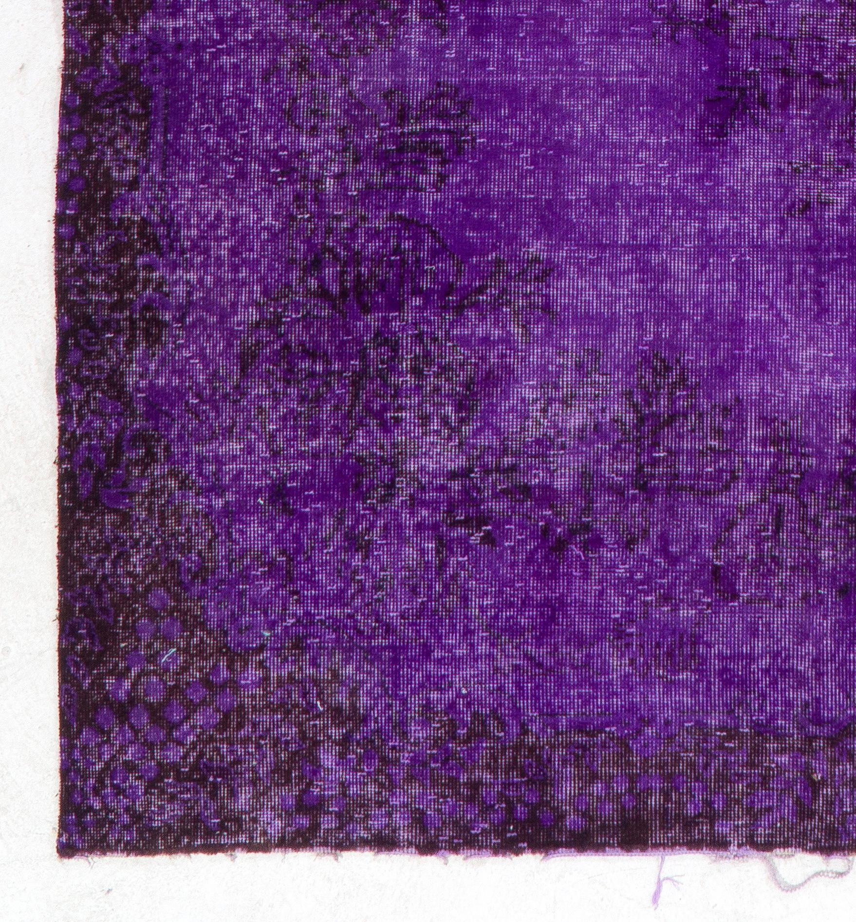Hand-Knotted 6.6x10.7 Ft Distressed Vintage Medallion Design Handmade Rug Over-Dyed in Purple For Sale