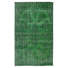 Vintage 6.6x10.7 Ft Green Area Rug, Modern Turkish Handmade Carpet, Home Decor Wool Rug