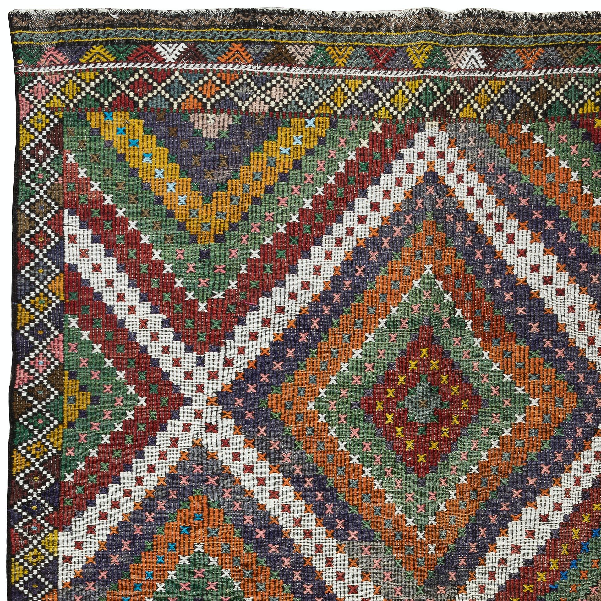 6.6x10.7 Ft Vintage Türkischer Jijim-Kelim, handgefertigter Teppich, alle Wolle, einzigartig im Zustand „Gut“ im Angebot in Philadelphia, PA