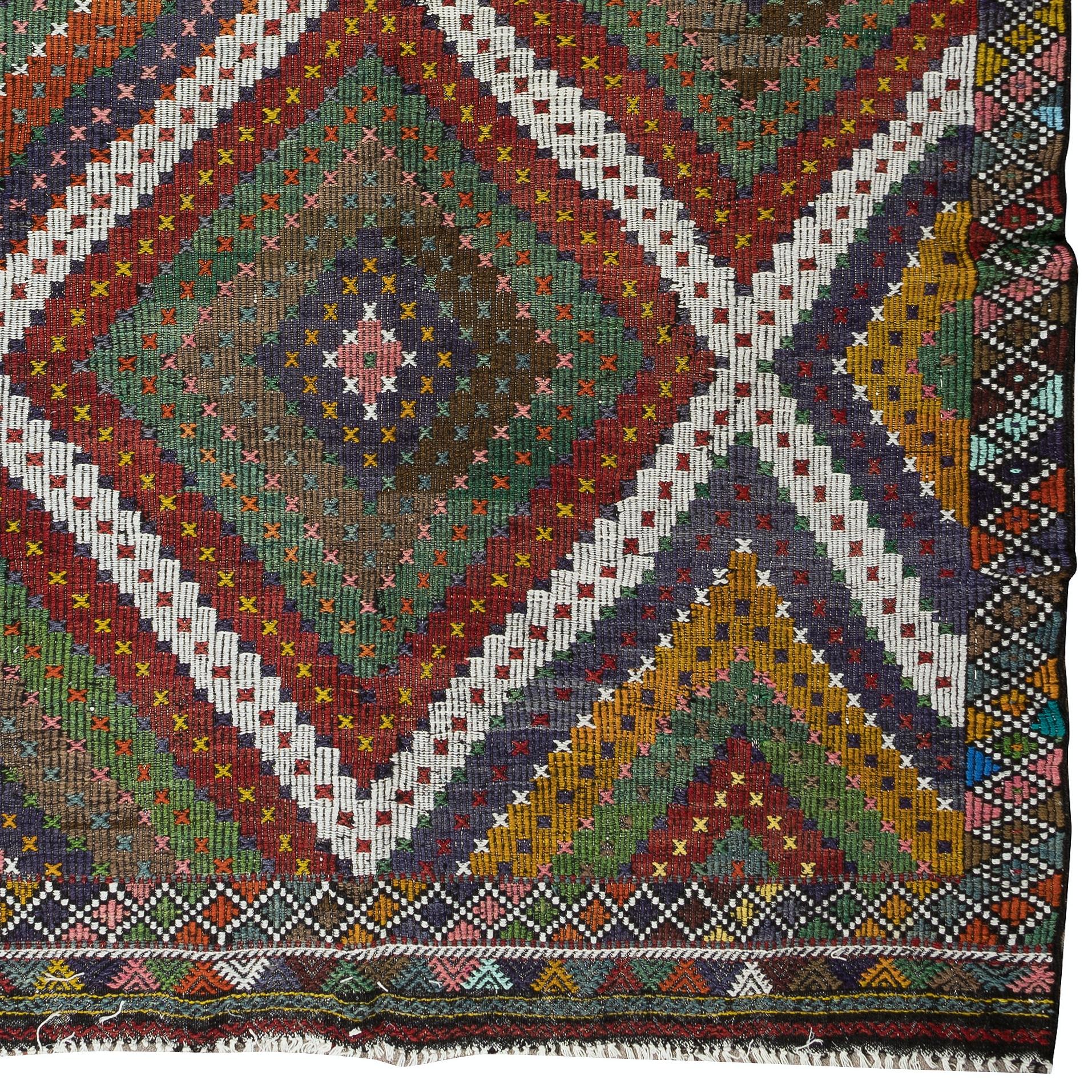 20th Century 6.6x10.7 Ft Vintage Turkish Jijim Kilim, Handmade Carpet, All Wool, Unique Rug For Sale