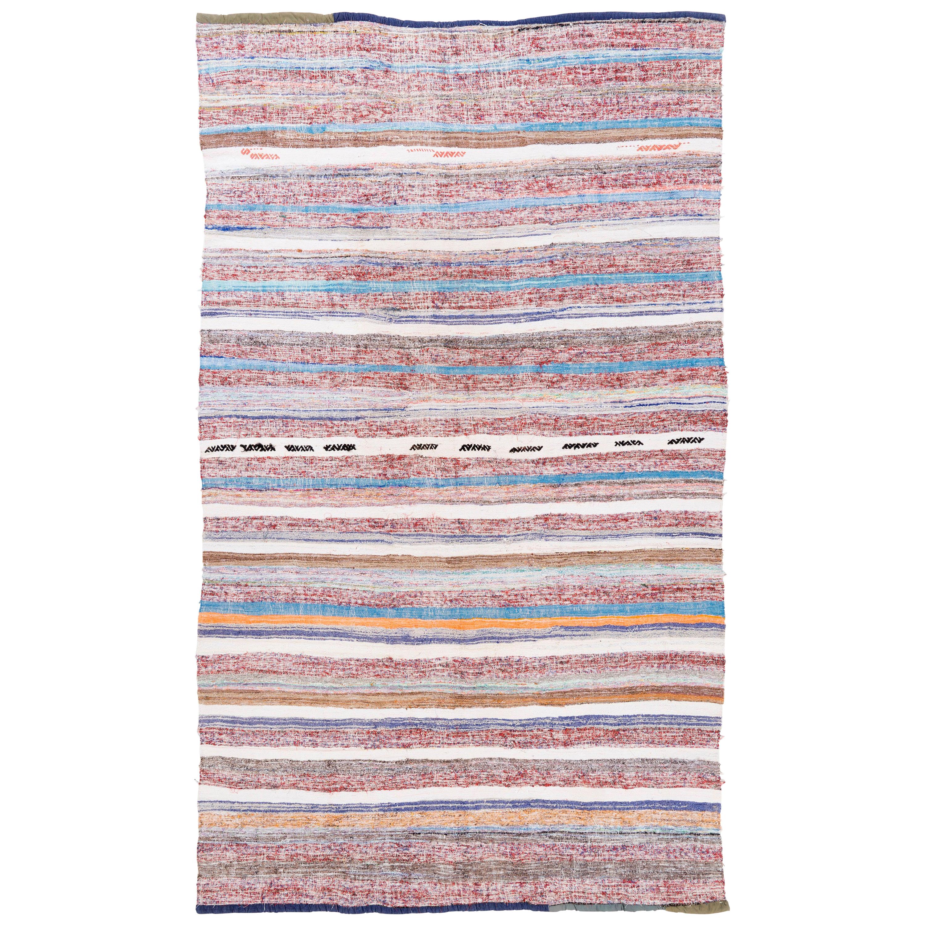6.6x11 Ft Handgewebter, gebänderter Kelim-Teppich aus der Mitte des Jahrhunderts, flachgewebter Baumwollteppich