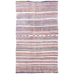 Vintage 6.6x11 Ft Mid-century Handwoven Banded Kilim Rug, Flat-Woven Cotton Carpet