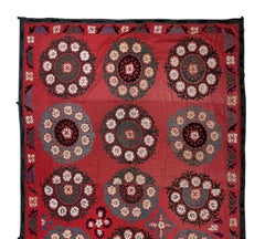 6.6x12 Ft Vintage Hand Embroidered Bed Cover, Uzbek Silk Wall Hanging in Red