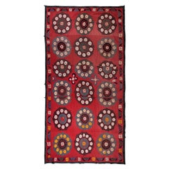 6.6x12 Ft Vintage Hand Embroidered Bed Cover, Uzbek Silk Wall Hanging in Red