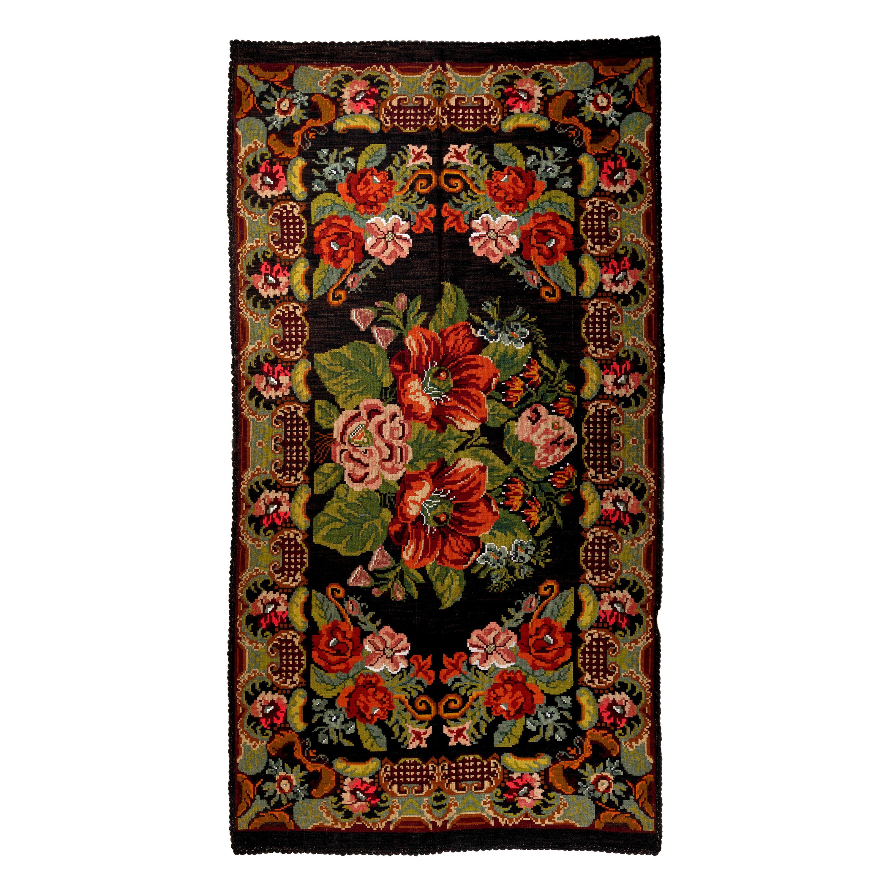 6.8x12.2 Ft Vintage Bessarabian Kilim, Handwoven Wool Rug, Floral Wall Hanging