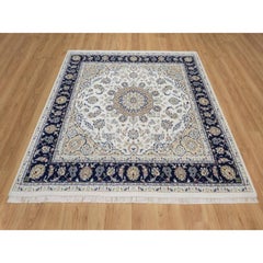 6'6"x6'6" Ivory Nain with Medallion Design Hand Knotted Wool & Silk Square Rug