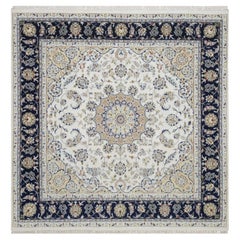 6'6"x6'6" Ivory Nain with Medallion Design Hand Knotted Wool & Silk Square Rug