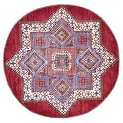 6'6"x6'6" Red Afghan Super Kazak with Star Design Hand Knotted Wool Round Rug