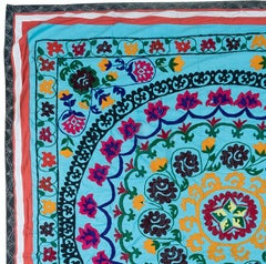 Suzani Vintage Wall Hanging, Hand Embroidered Cotton Bed Cover in Blue