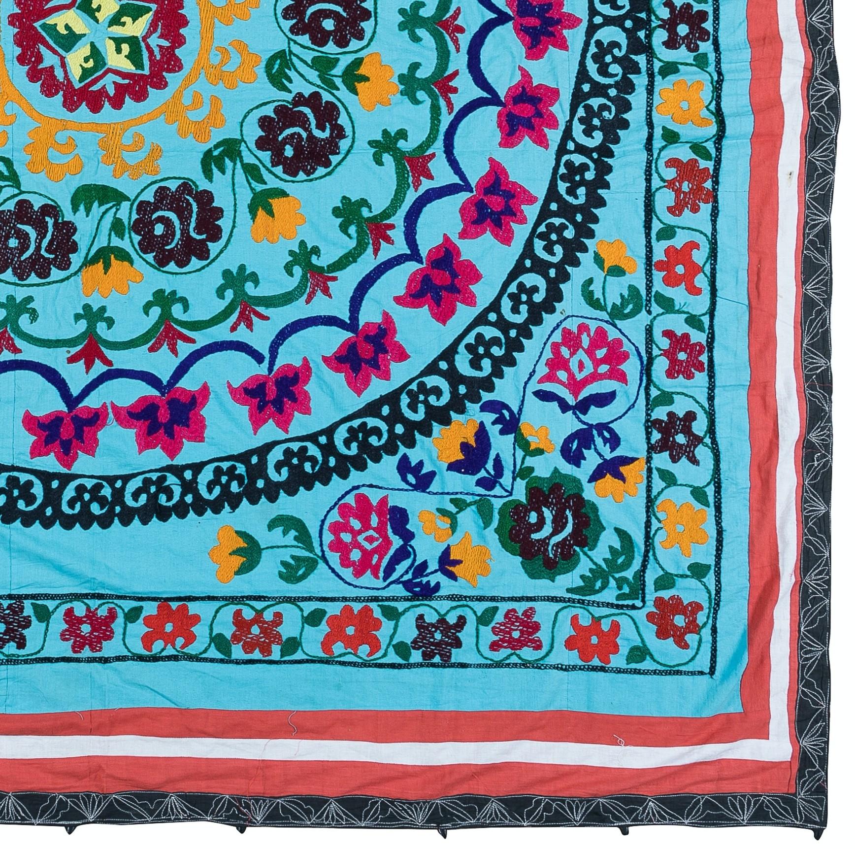 Uzbek Suzani Vintage Wall Hanging, Hand Embroidered Cotton Bed Cover in Blue