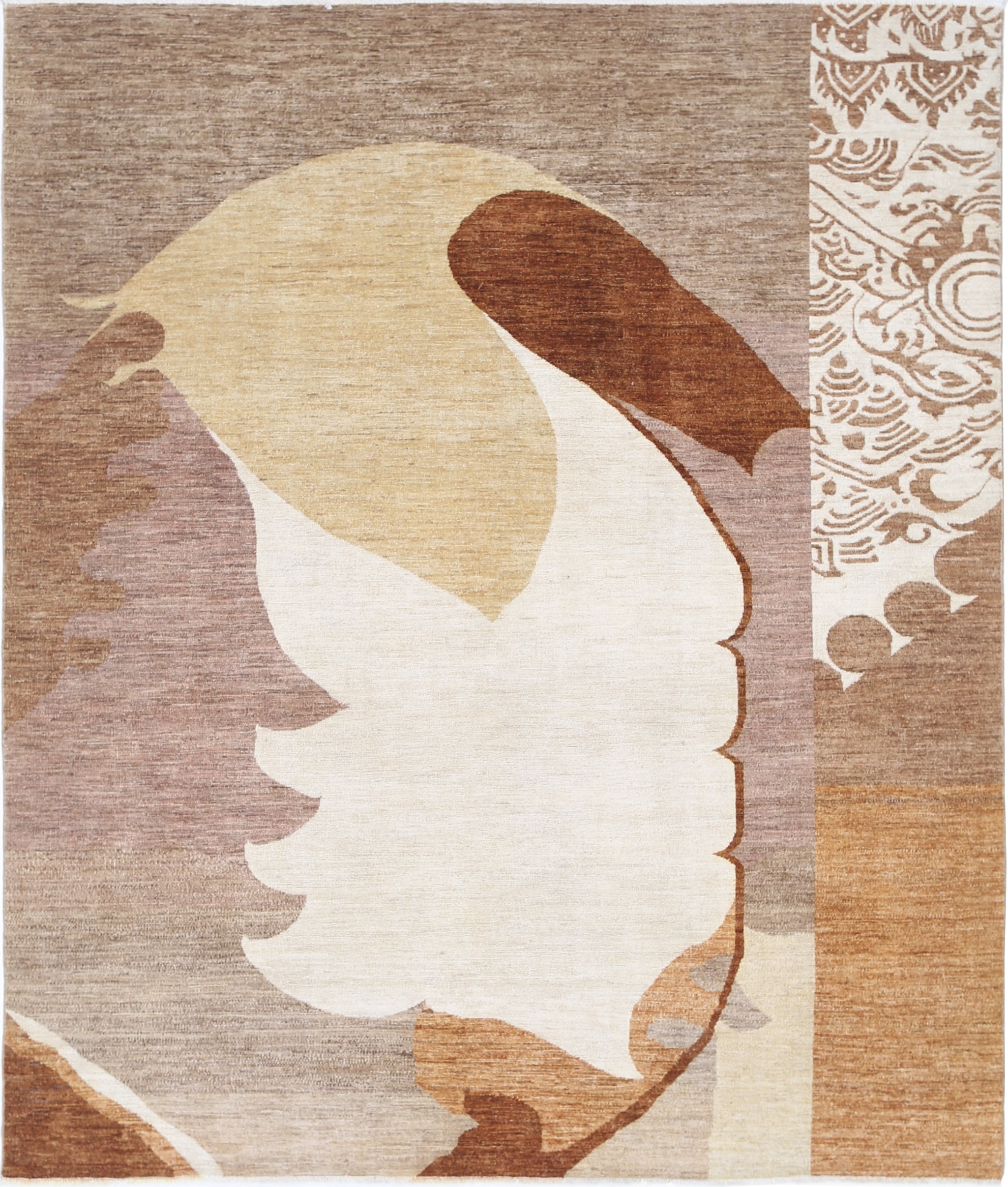 6.6x8 ft Handknotted Beige, Brown and Ivory Wool Area Rug with Abstract Design