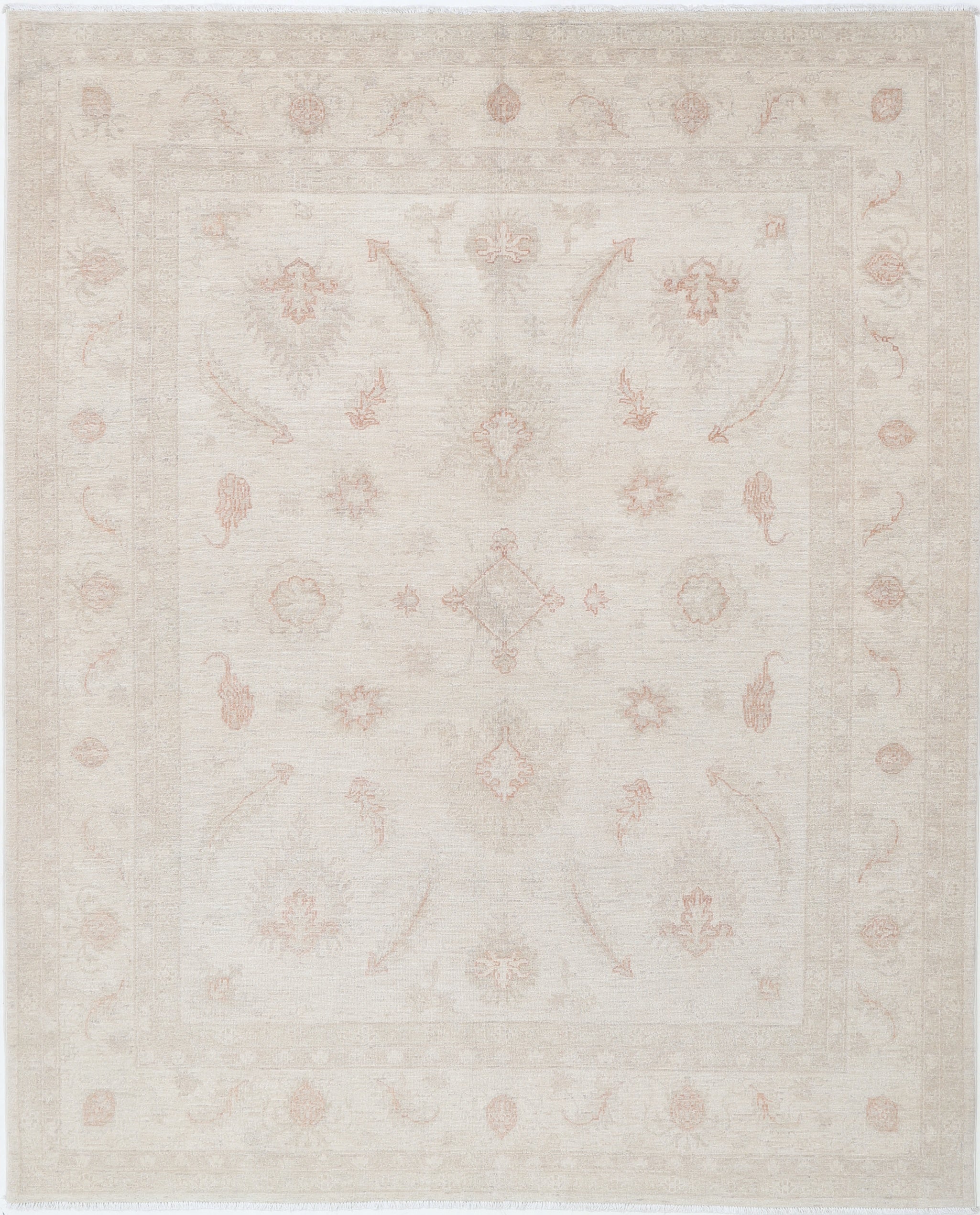 6.6x8 ft Handmade Beige Oushak Rug with with All-Over Floral Design. 100% Wool