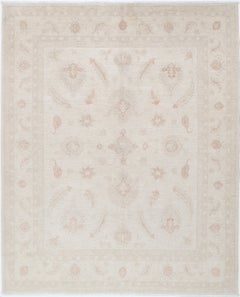 6.6x8 ft Handmade Beige Oushak Rug with with All-Over Floral Design. 100% Wool