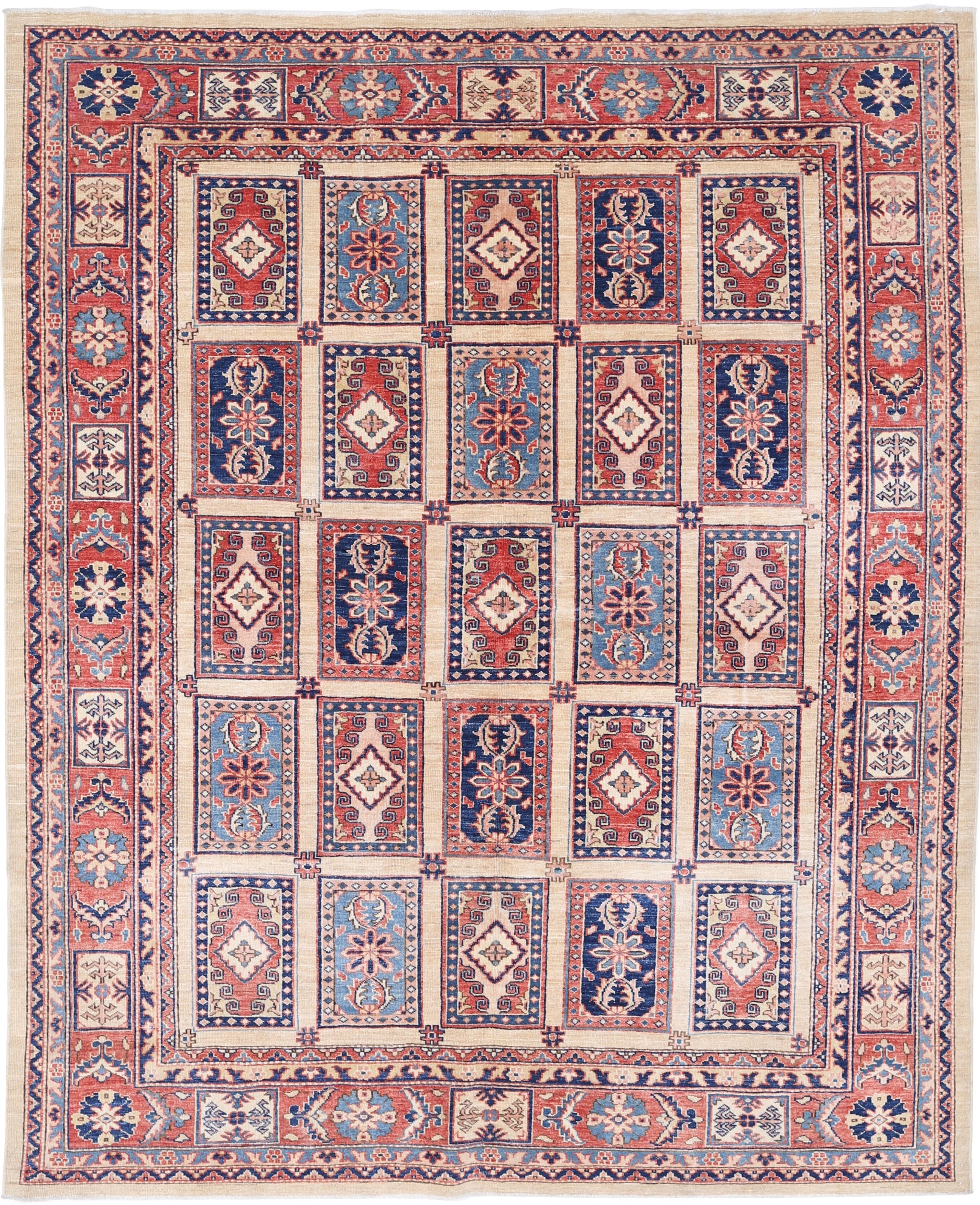 6.6x8 ft Handmade Red, Light Blue and Ivory Area Rug with Panel Geometric Design