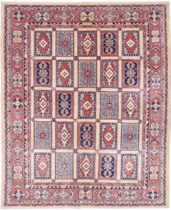 6.6x8 ft Handmade Red, Light Blue and Ivory Area Rug with Panel Geometric Design