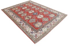 6.6x8.6 ft Handknotted Red, Ivory, Navy Blue Wool Area Rug with Geometric Design