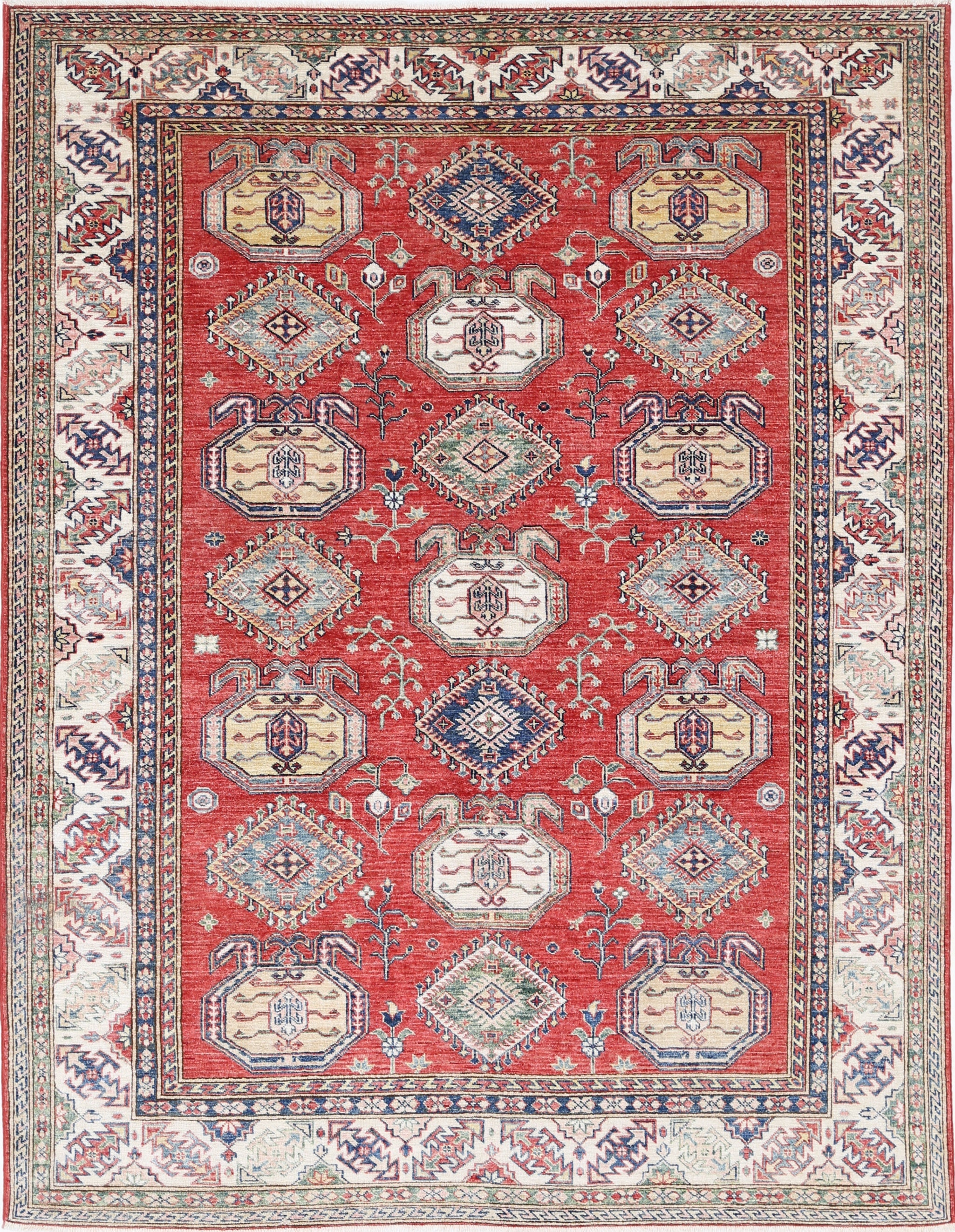 6.6x8.6 ft Handknotted Red, Ivory, Navy Blue Wool Area Rug with Geometric Design