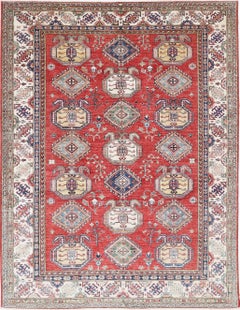6.6x8.6 ft Handknotted Red, Ivory, Navy Blue Wool Area Rug with Geometric Design