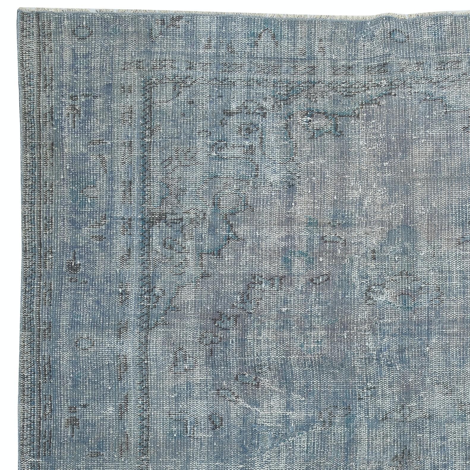 Hand-Knotted 6.6x8.6 Ft Vintage Turkish Area Rug redyed in Blue Color for modern interiors For Sale