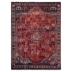 6'6"x9' Crimson Red Vintage Persian Shiraz Worn Down Hand Knotted All Wool Rug