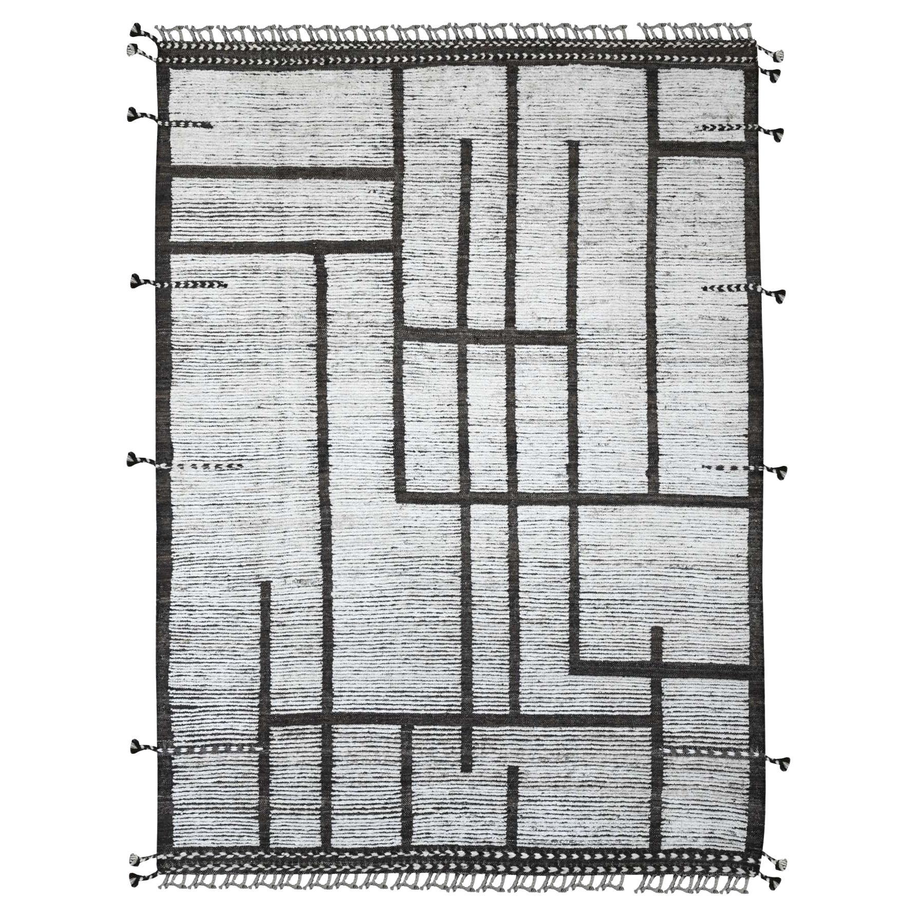 6'6 "x9' Tapis en laine douce nouée à la main, blanc, tissage marocain avec motif géométrique en vente