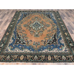 6'6"x9'10" Orange, Vintage Zoroastrian Bibikabad Worn Wool Hand Knotted Rug