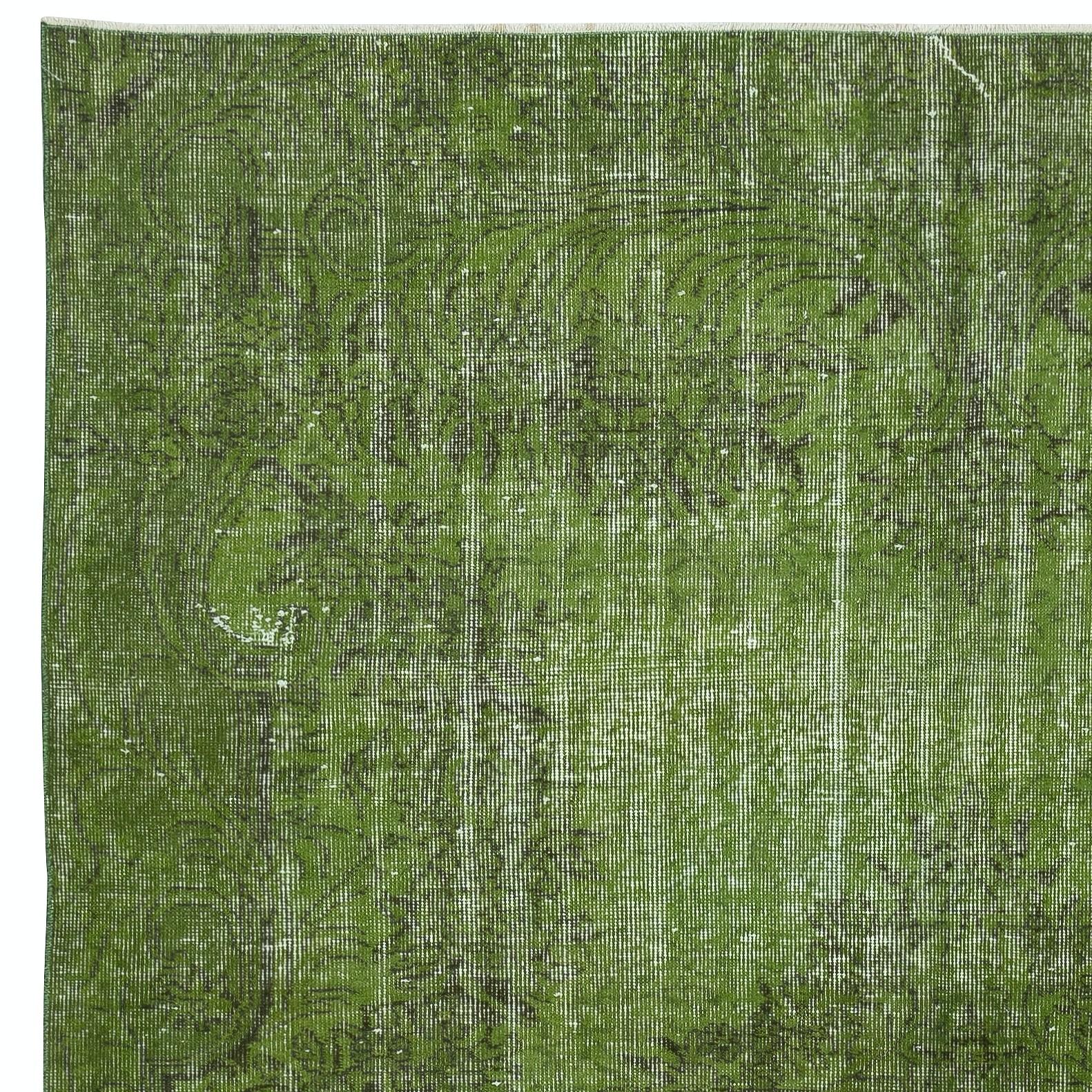 Hand-Knotted 6.6x9.4 Ft Green Color Handmade Shabby Chic Turkish Area Rug for Living Room For Sale