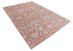 6.6x9.6 ft Handknotted Red, Navy Blue, Beige Wool Area Rug. Floral Design Carpet