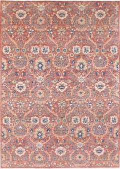 6.6x9.6 ft Handknotted Red, Navy Blue, Beige Wool Area Rug. Floral Design Carpet