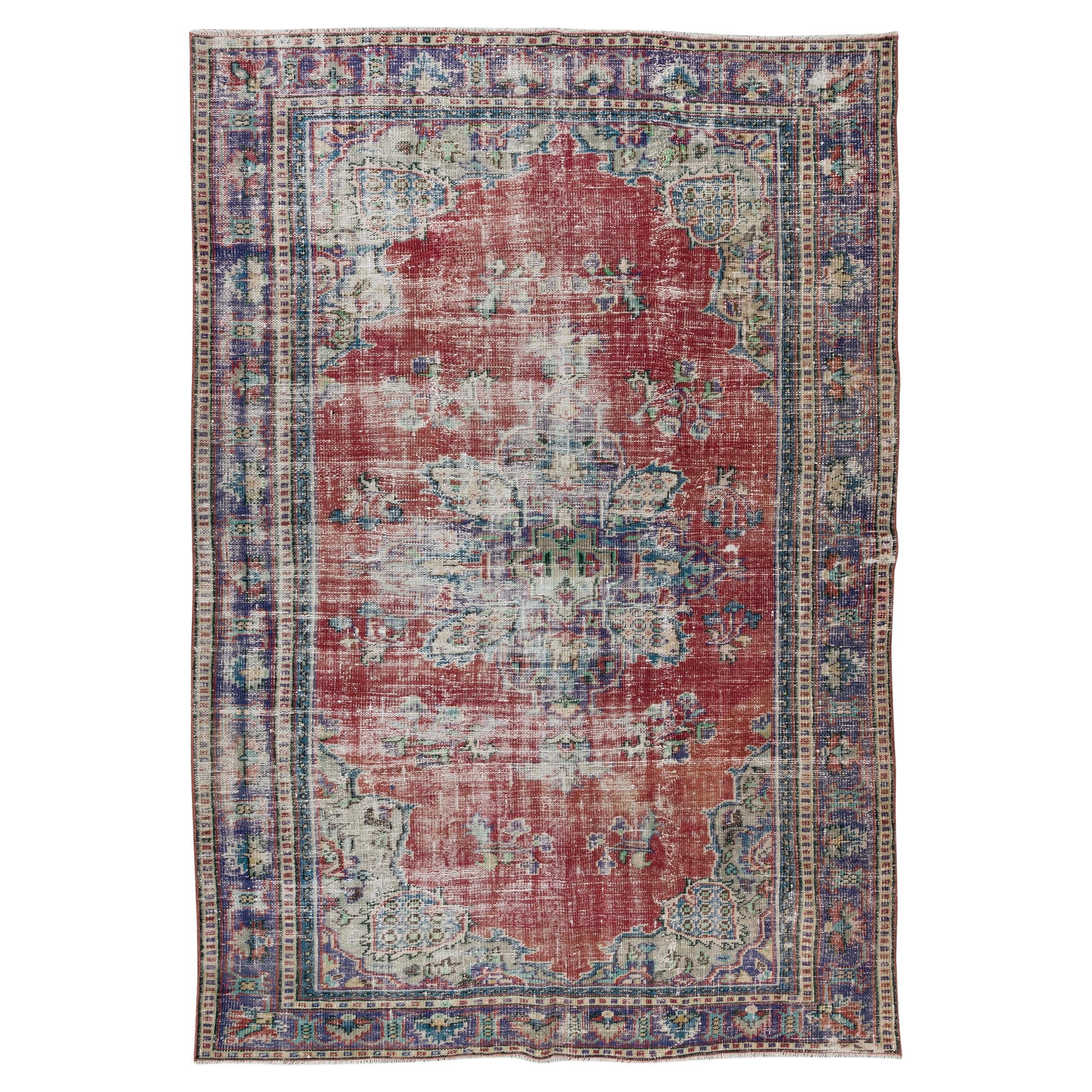 6.6x9.6 Ft Vintage Shabby Chic Handmade Turkish Area Rug with Medallion Design For Sale