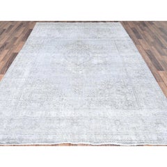 Alfombra de lana pura tejida a mano, con diseño de flores grises, estilo vintage y aspecto desgastado, de 6'6" x 9'6"