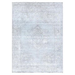 Alfombra de lana pura tejida a mano, con diseño de flores grises, estilo vintage y aspecto desgastado, de 6'6" x 9'6"