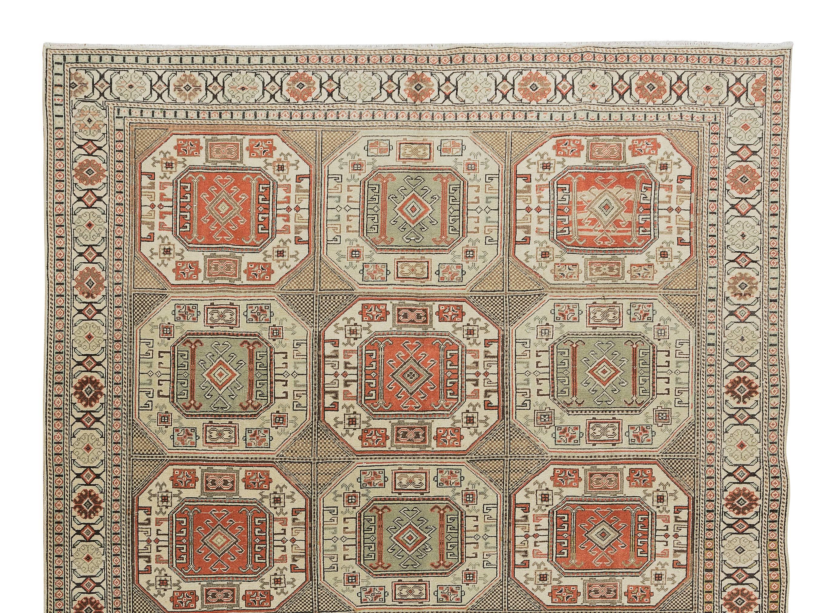 Turkish 6.6x9.7 Ft 1960's Handmade Kysari Rug, Muted Colors, Geometric & Tribal Patterns