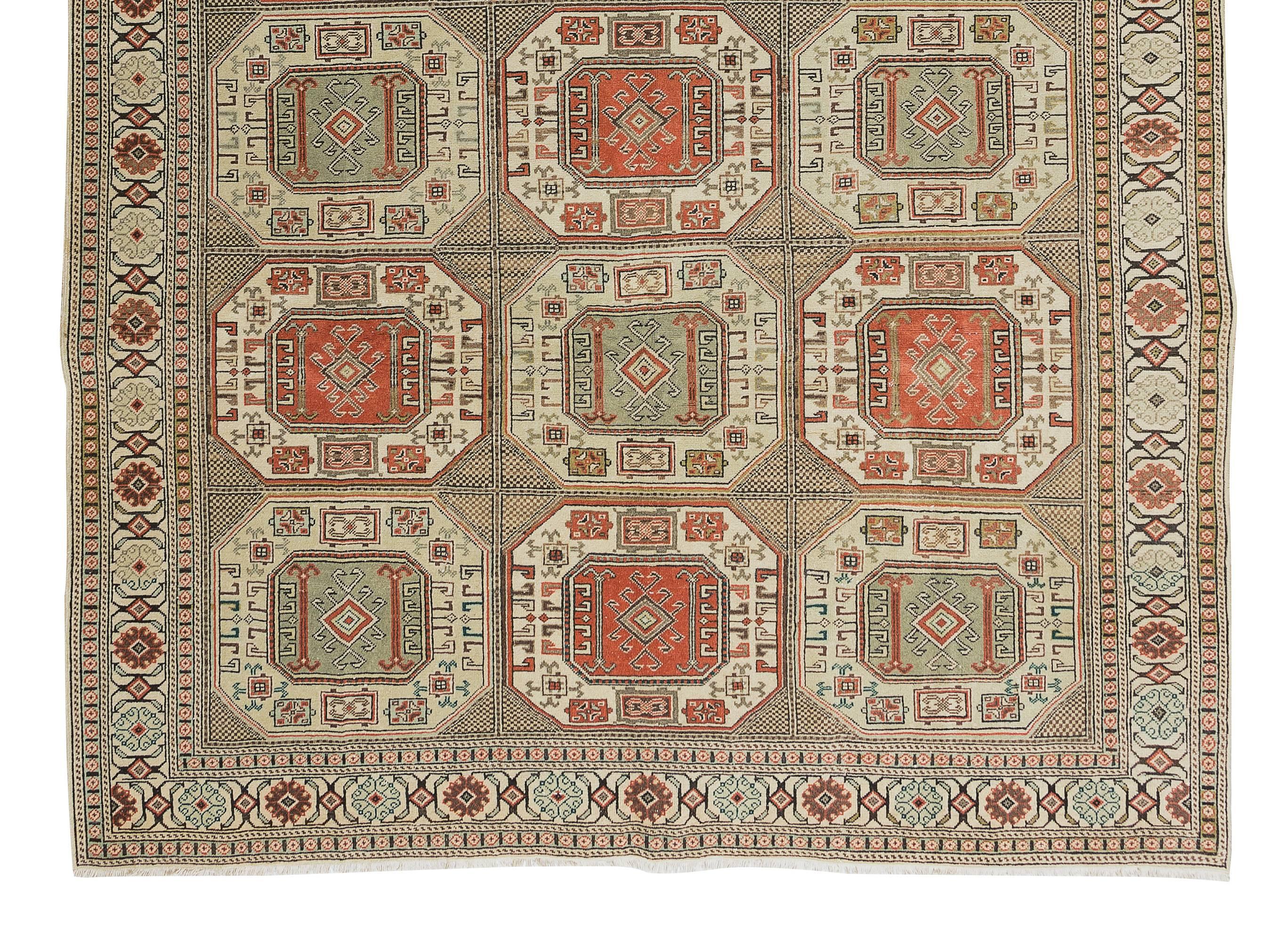Hand-Woven 6.6x9.7 Ft 1960's Handmade Kysari Rug, Muted Colors, Geometric & Tribal Patterns
