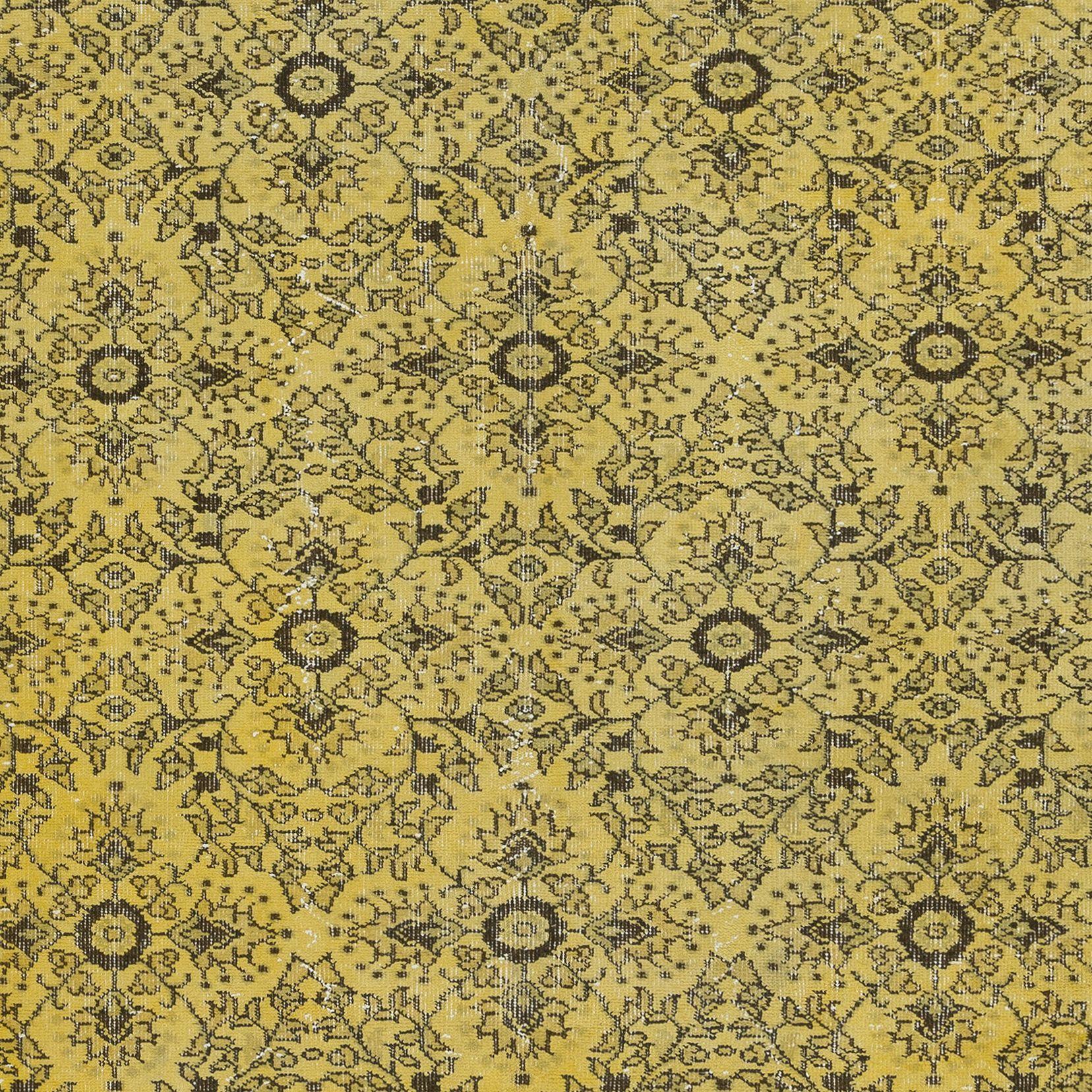 Hand-Knotted 6.6x9.7 Ft Upcycled Yellow Modern Turkish Area Rug, Floral Handmade Carpet For Sale