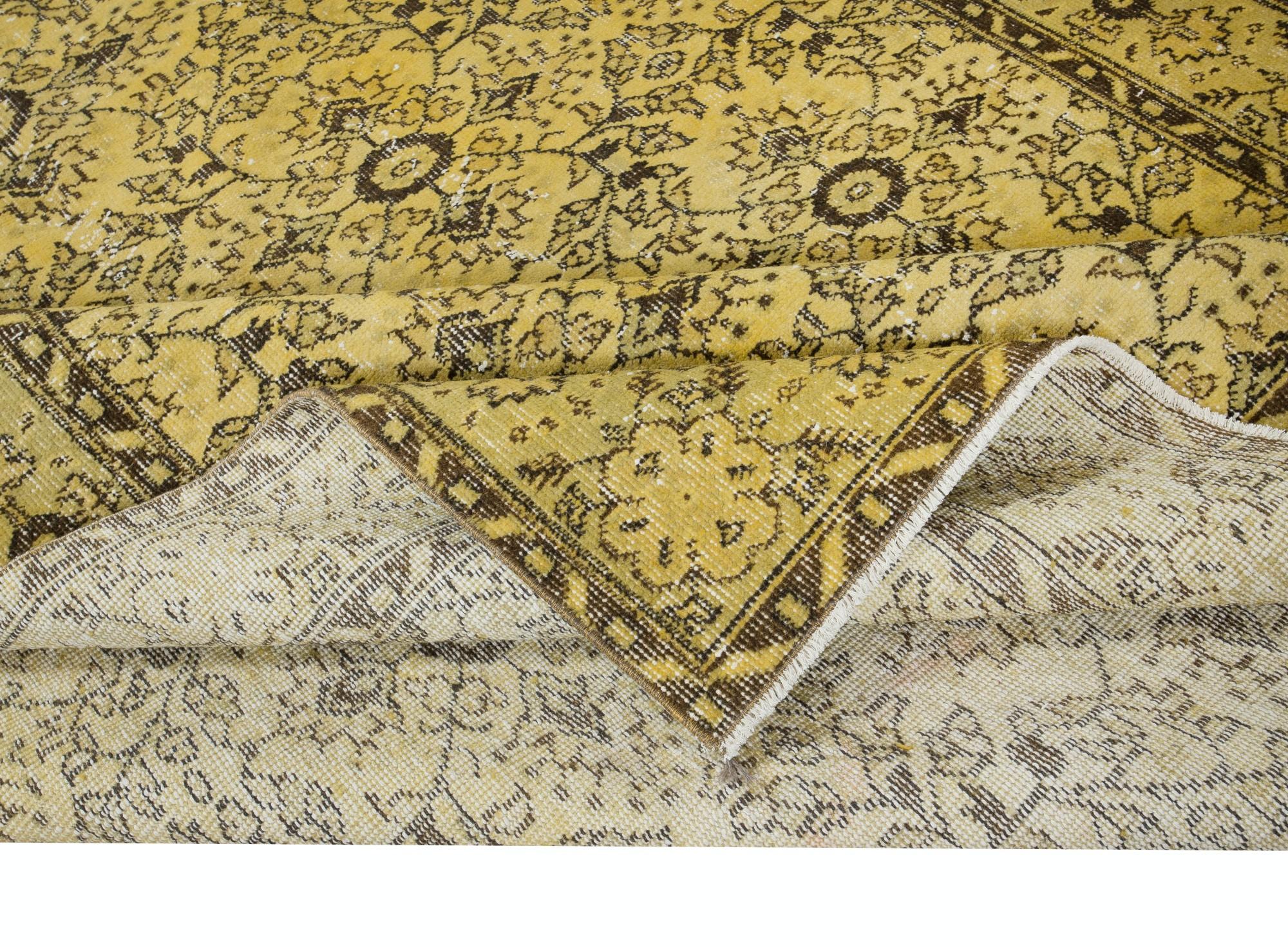 6.6x9.7 Ft Upcycled Yellow Modern Turkish Area Rug, Floral Handmade Carpet In Good Condition For Sale In Philadelphia, PA