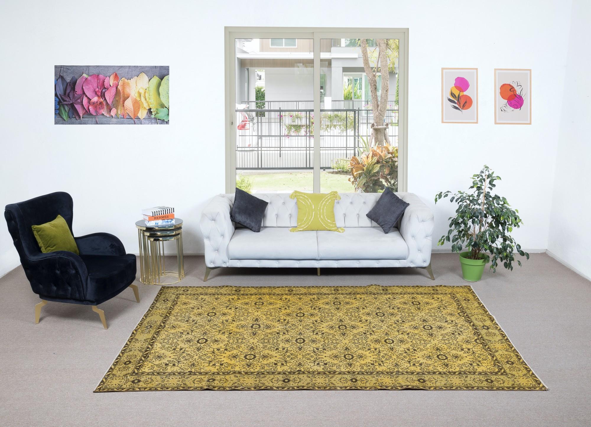 20th Century 6.6x9.7 Ft Upcycled Yellow Modern Turkish Area Rug, Floral Handmade Carpet For Sale