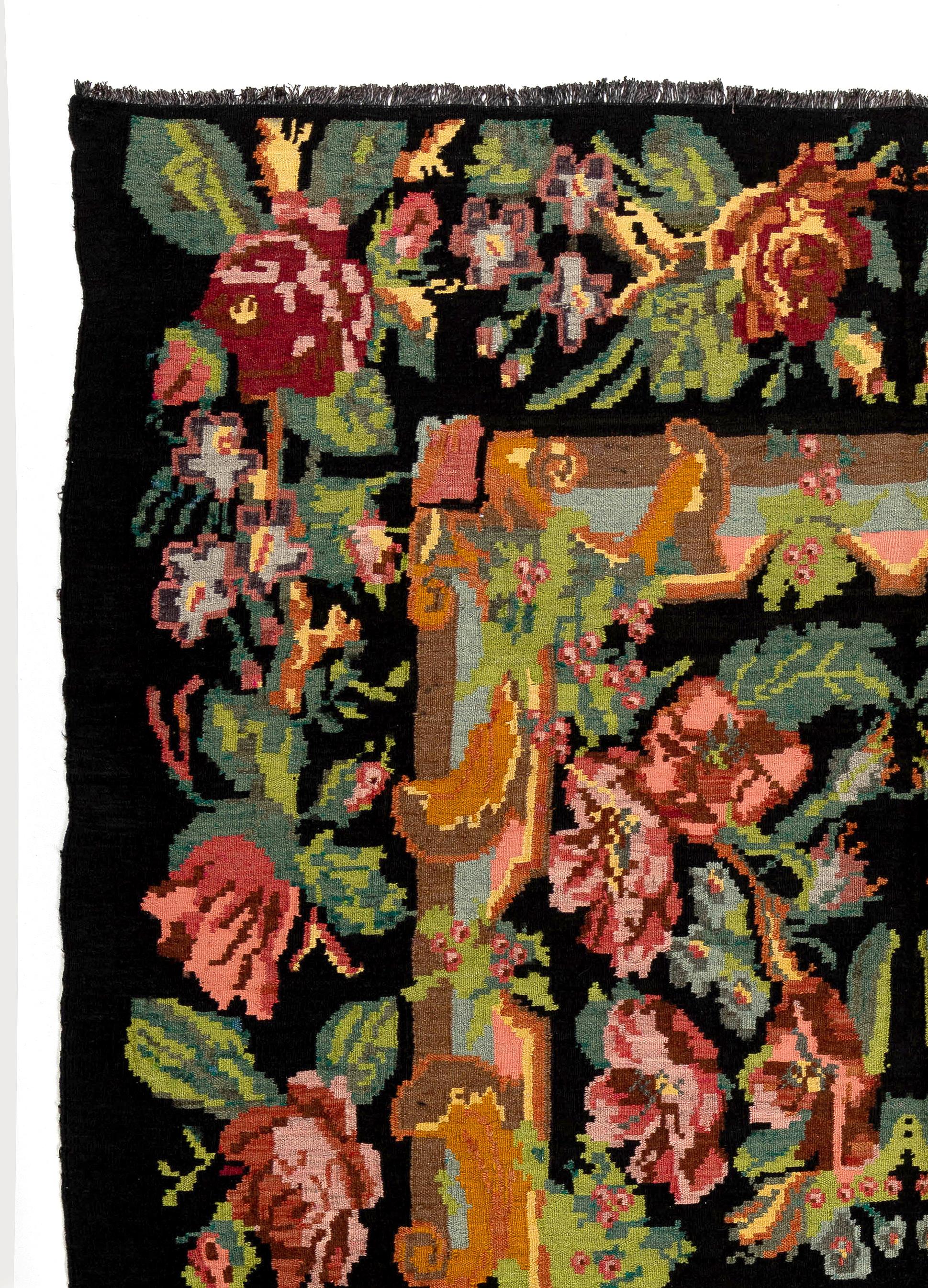 Hand-Woven 6.8x9.8 Ft Handmade Bessarabian Wool Kilim Rug, Vintage Floral Moldovan Tapestry For Sale