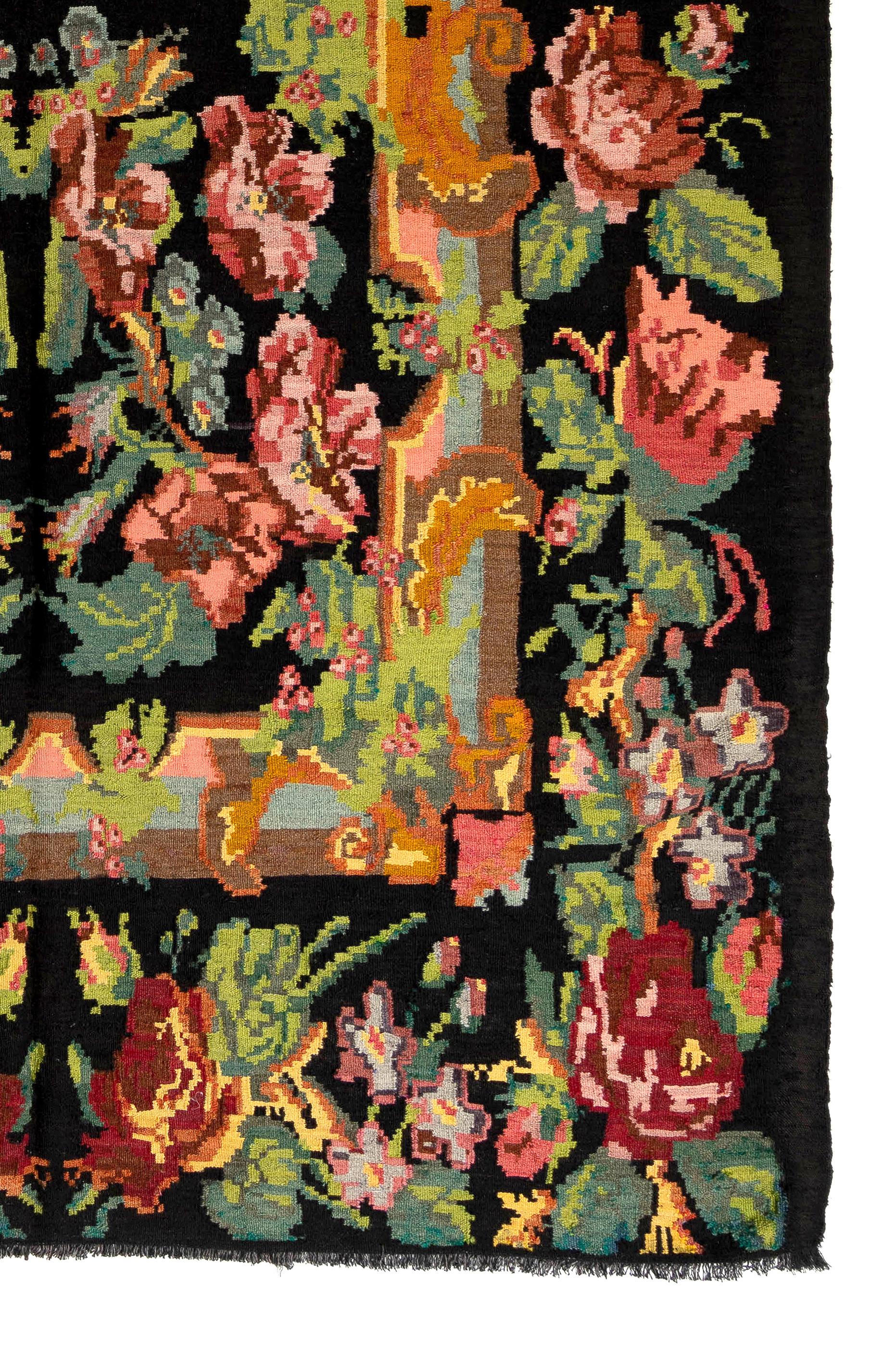 6.8x9.8 Ft Handmade Bessarabian Wool Kilim Rug, Vintage Floral Moldovan Tapestry For Sale 1