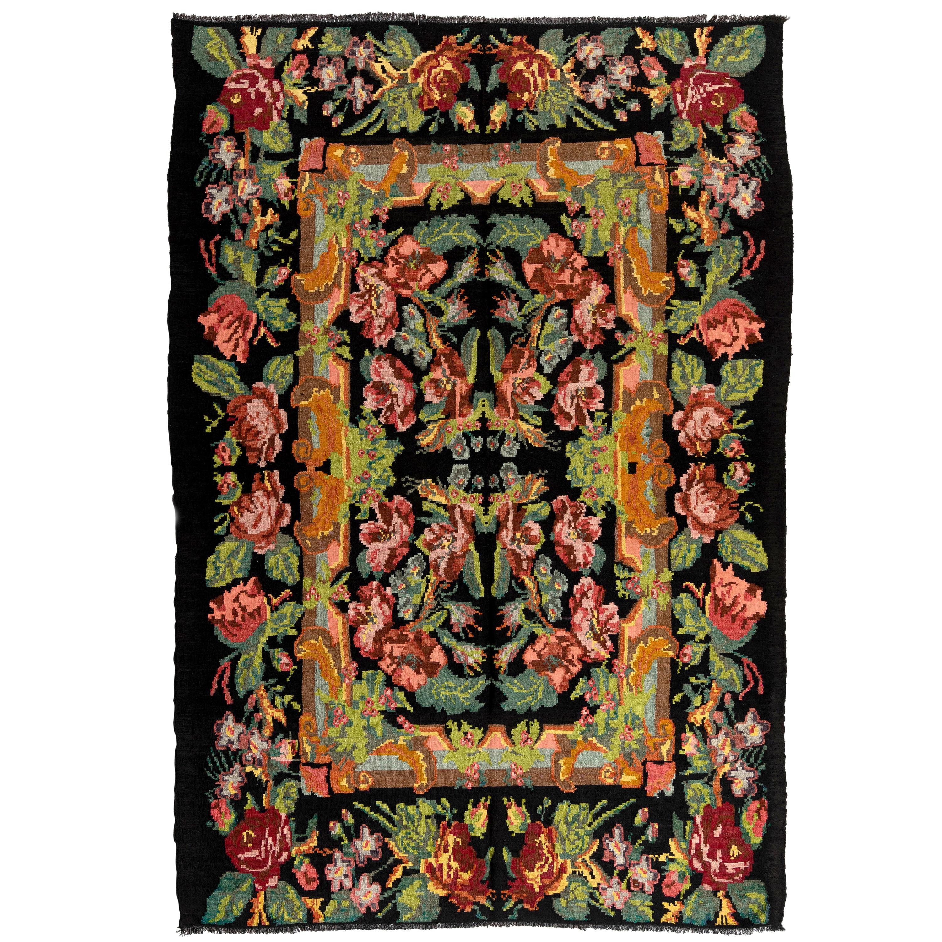 6.8x9.8 Ft Handmade Bessarabian Wool Kilim Rug, Vintage Floral Moldovan Tapestry For Sale