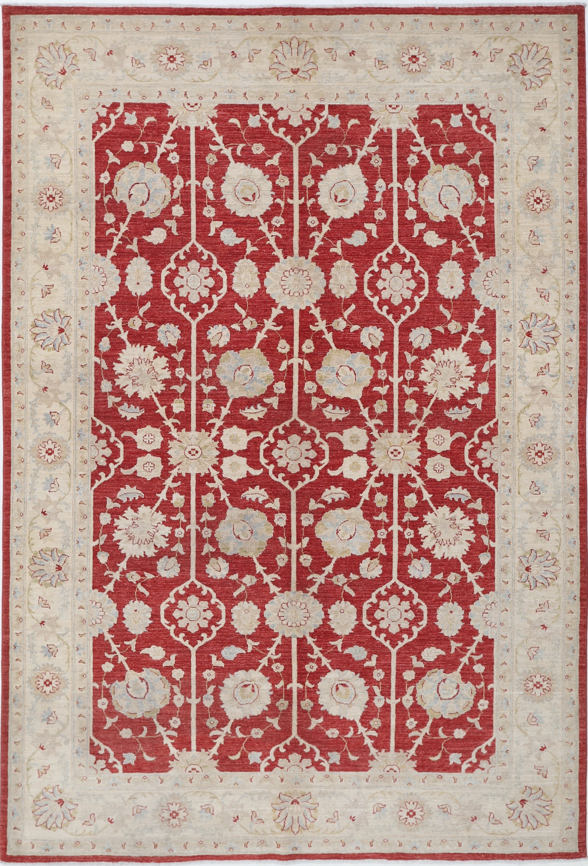 6.6x9.8 ft Hand Knotted Floral Area Rug with Red Field and Beige Border