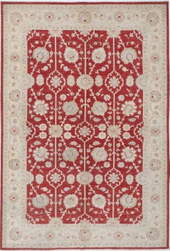 6.6x9.8 ft Hand Knotted Floral Area Rug with Red Field and Beige Border