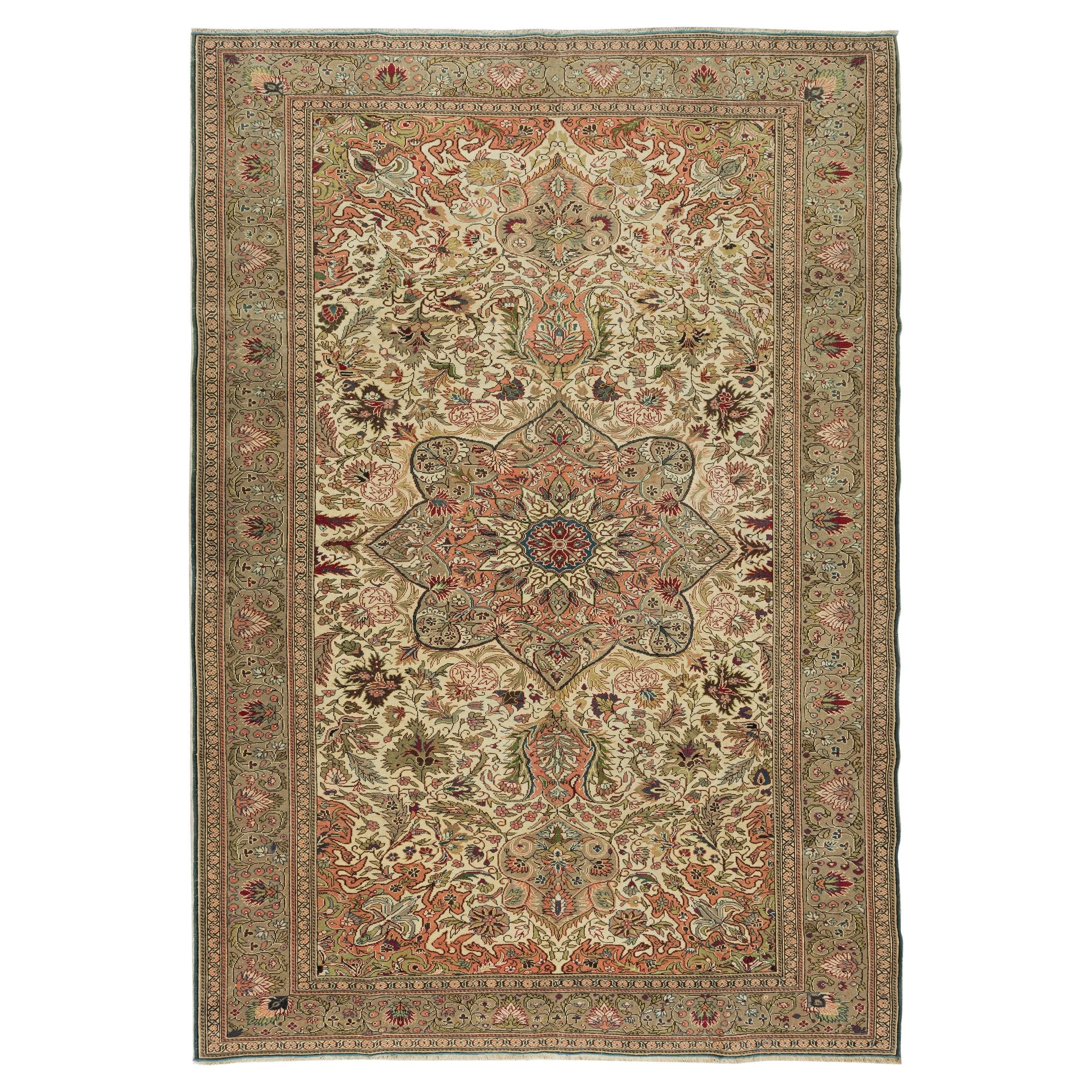 6.6x9.8 Ft HandKnotted Vintage Turkish Area Rug with Medallion Design, Wool Pile For Sale
