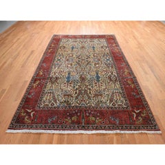 6'6"x9'8" Ivory Vintage Zoroastrian with Woven Animals Hand Knotted Wool Rug