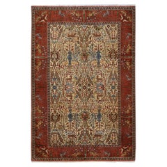 6'6"x9'8" Ivory Vintage Zoroastrian with Woven Animals Hand Knotted Wool Rug