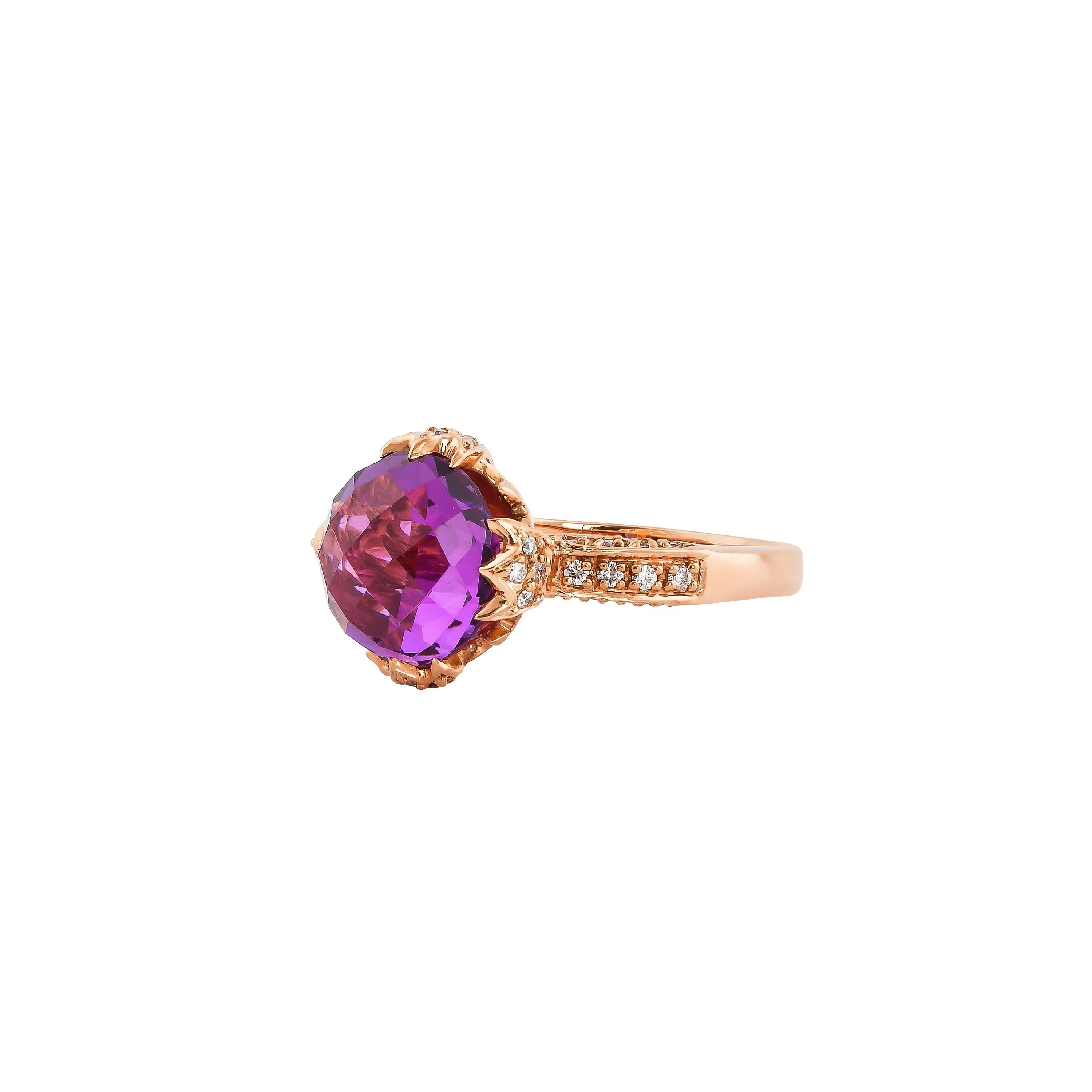 Contemporary 6.7 Carat Amethyst and Diamond Ring in 14 Karat Rose Gold For Sale