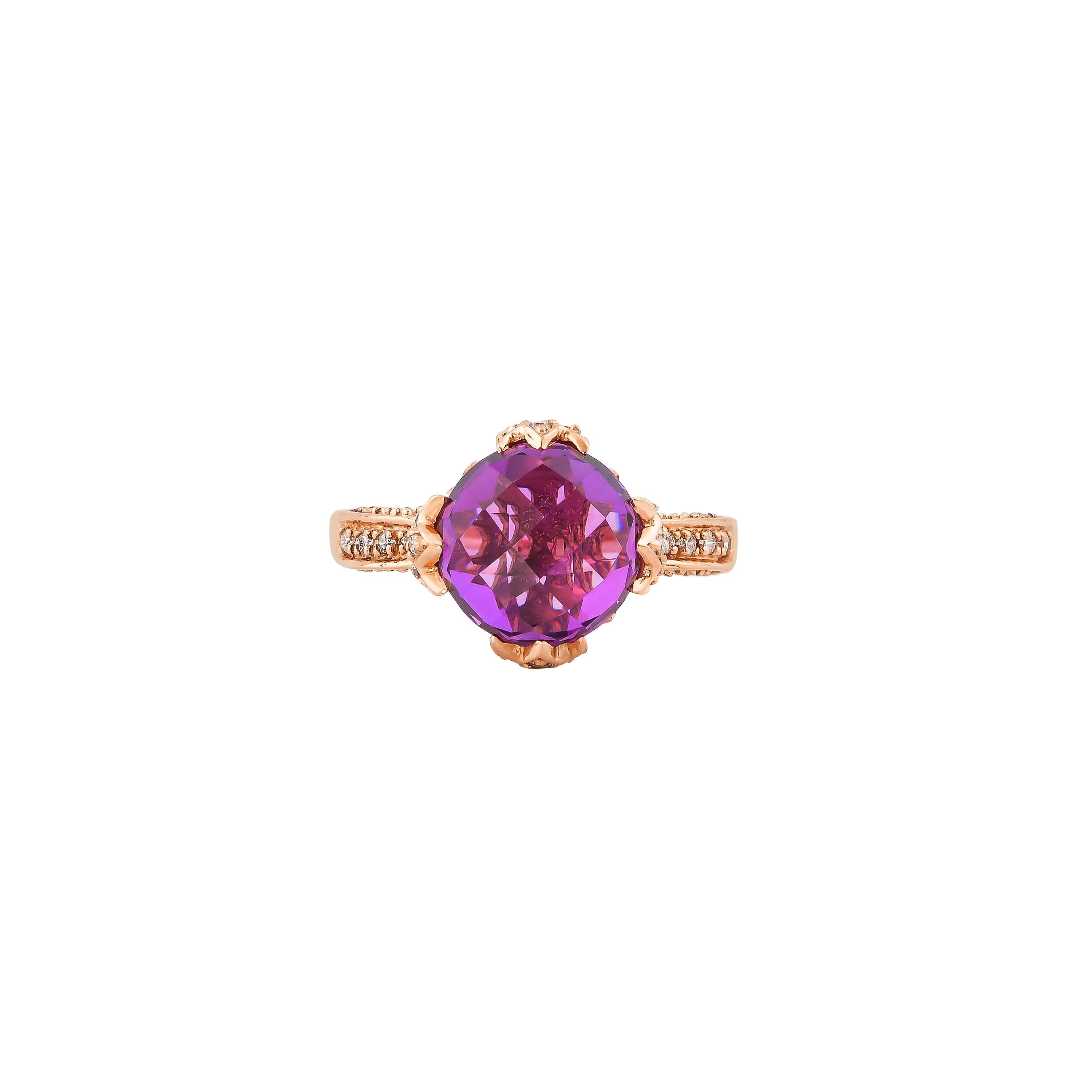 Round Cut 6.7 Carat Amethyst and Diamond Ring in 14 Karat Rose Gold For Sale