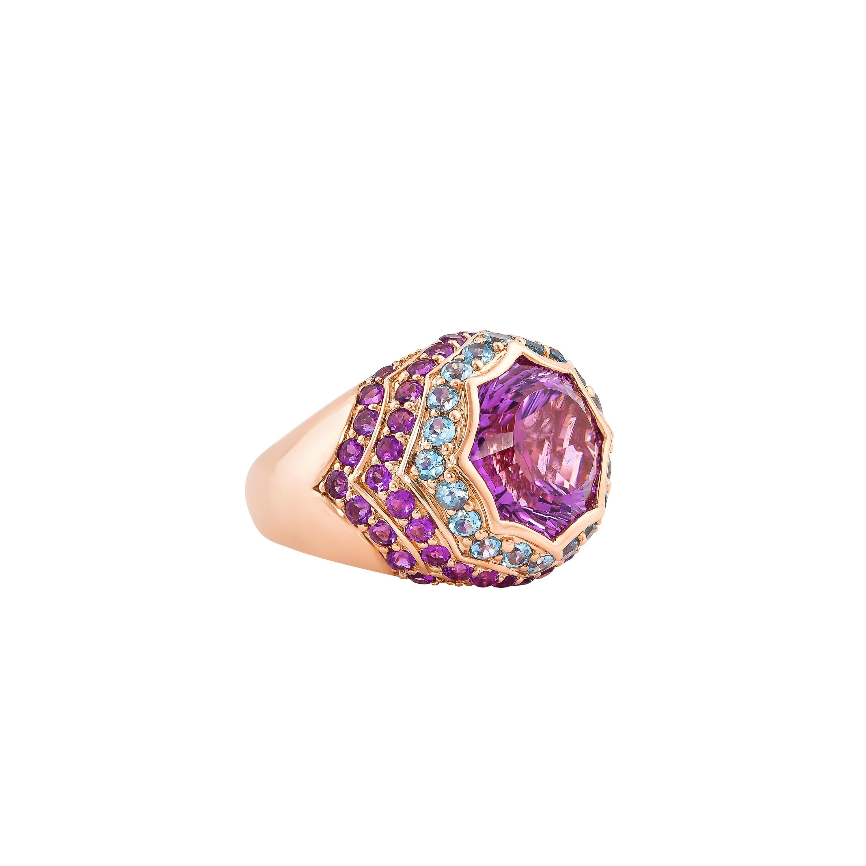 Sunita Nahata presents a collection of alluring amethyst cocktail rings. Amethysts are particularly known to bring powerful energies to Aquarians or those born in February. In general it is said to calm and de-stress wearers, and alleviate all