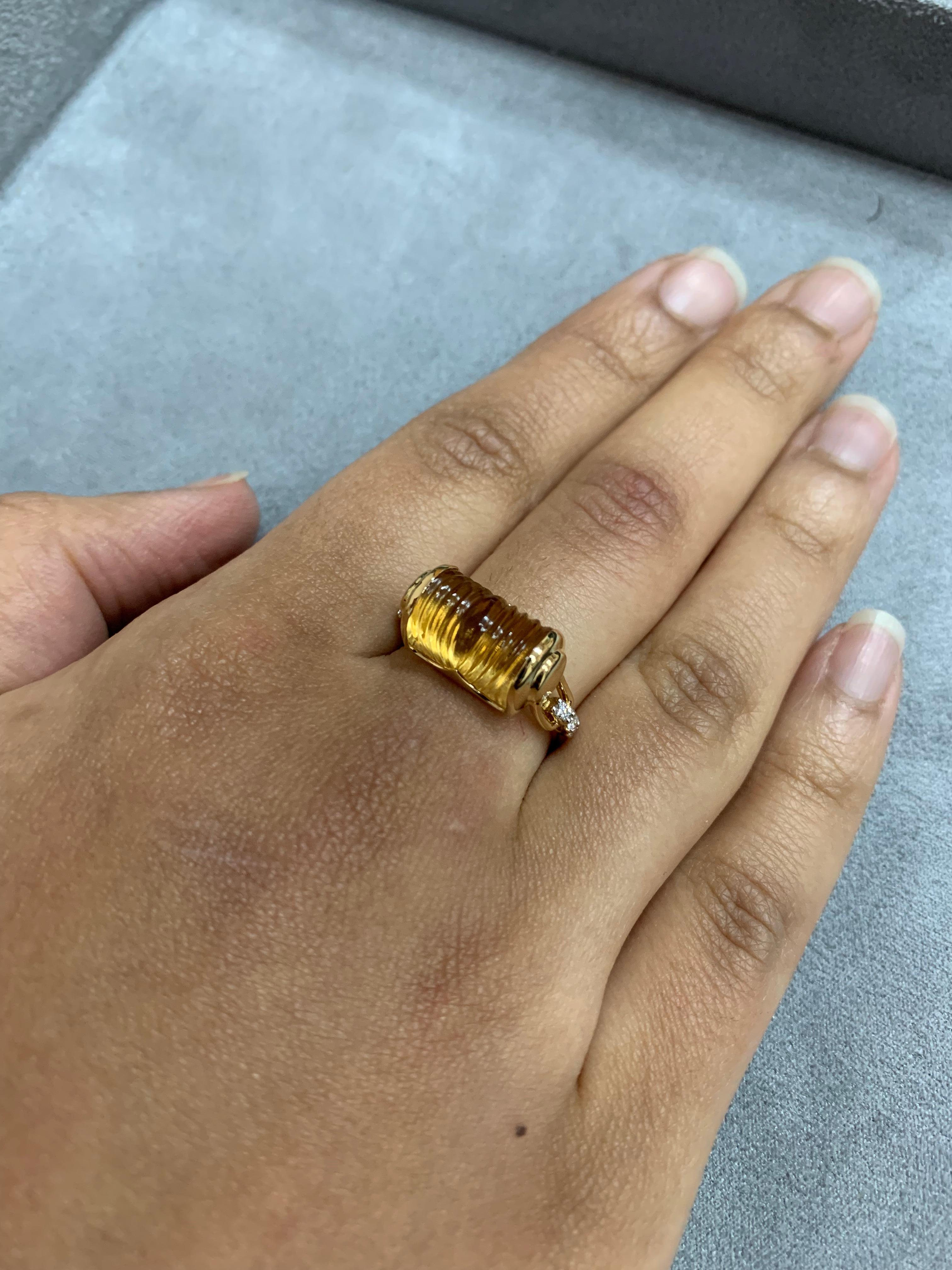 Cushion Cut Sunita Nahata 6.70 Carat Carved Citrine Ring with Diamond in 18Karat Yellow Gold